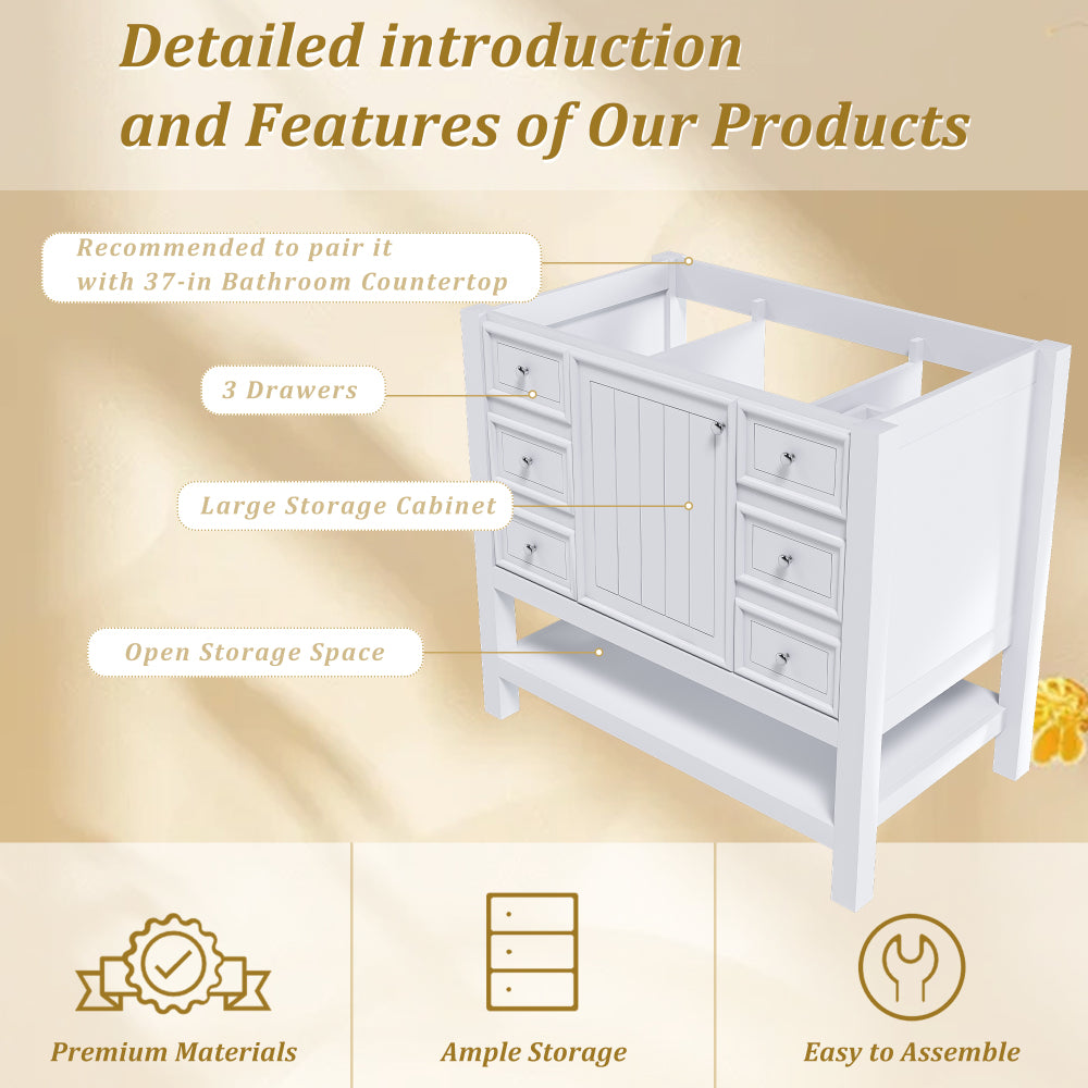 36-inch bathroom vanity, without sink, featuring one cabinet and three drawers, made of solid wood frame and MDF board, in white