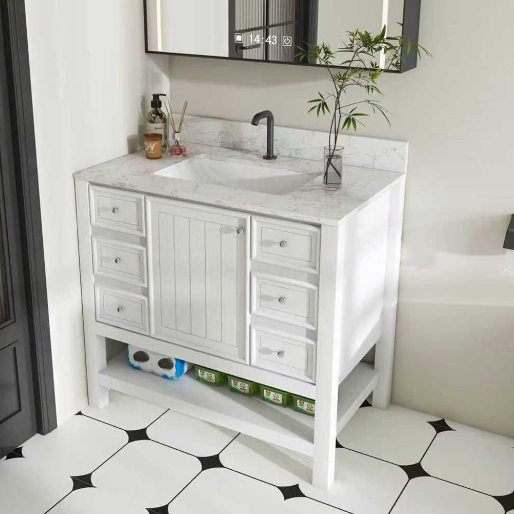 36-inch bathroom vanity, without sink, featuring one cabinet and three drawers, made of solid wood frame and MDF board, in white