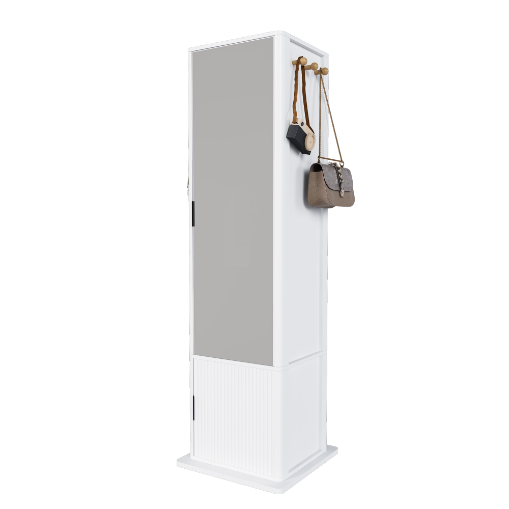 360° rotating makeup cabinet, jewelry cabinet with a full-length mirror, standing storage cabinet with a coat rack, 4 layers of open shelves and 2 layers of built-in shelves, white