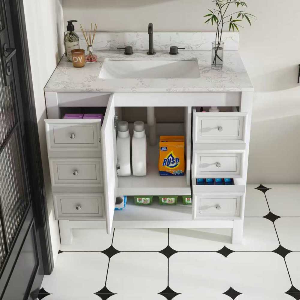 36-inch bathroom vanity, without sink, featuring one cabinet and three drawers, made of solid wood frame and MDF board, in white