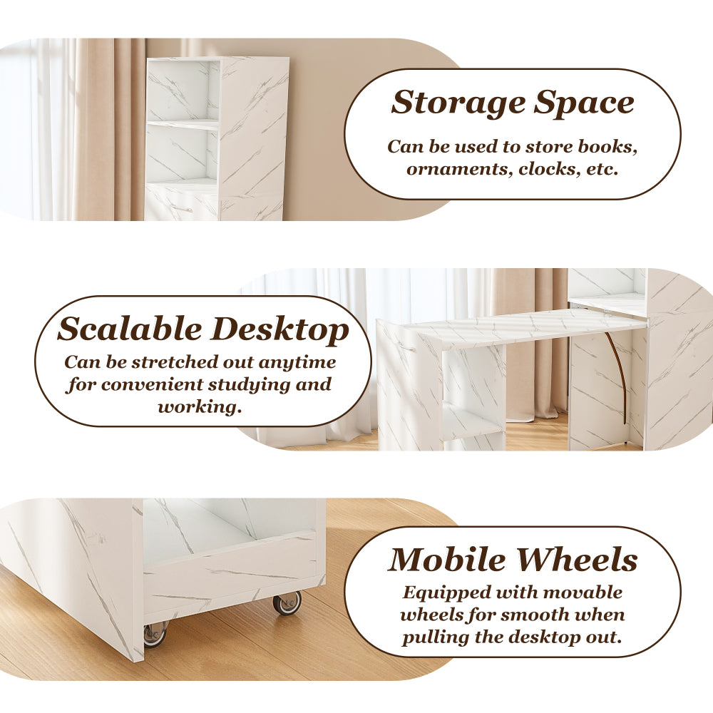 Stretchable desk, office desk with storage shelves and mobile wheels, foldable desk suitable for small apartments and offices, white marble
