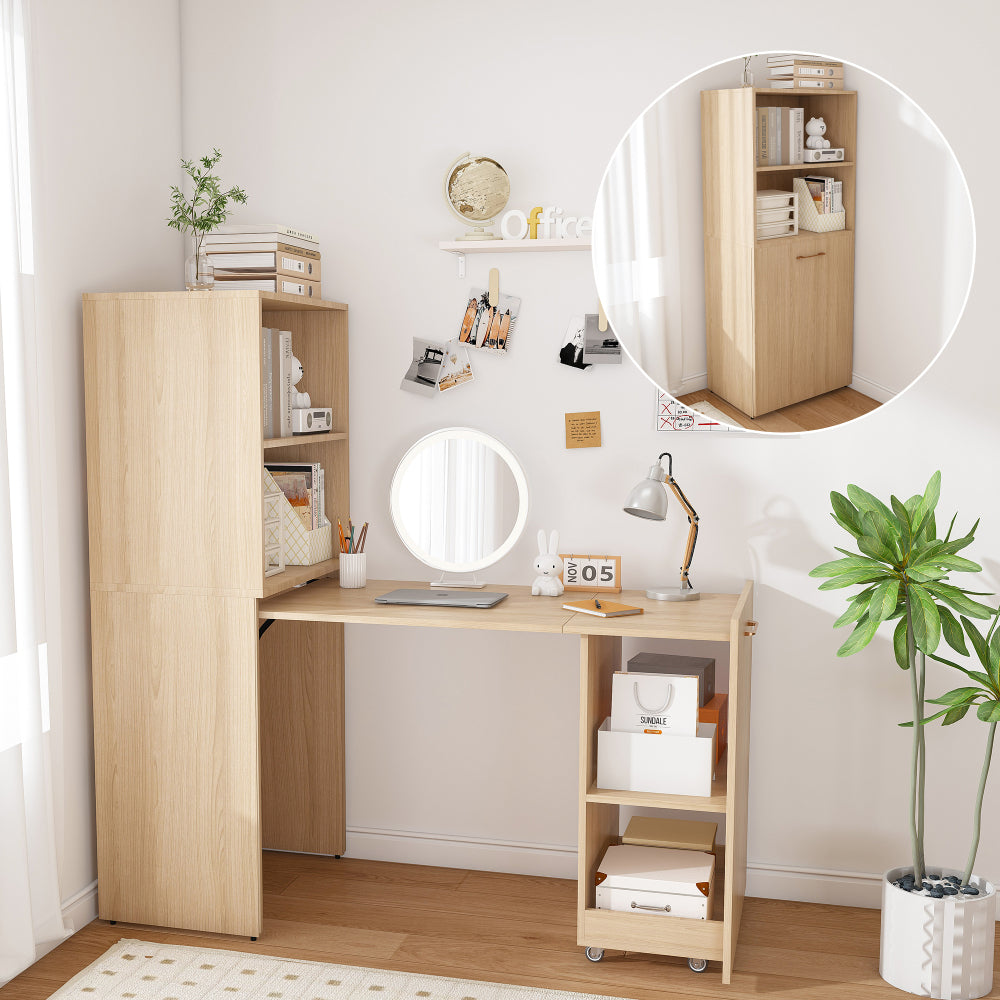 Stretchable desk, office desk with storage shelves and mobile wheels, foldable desk suitable for small apartments and offices,burlywood