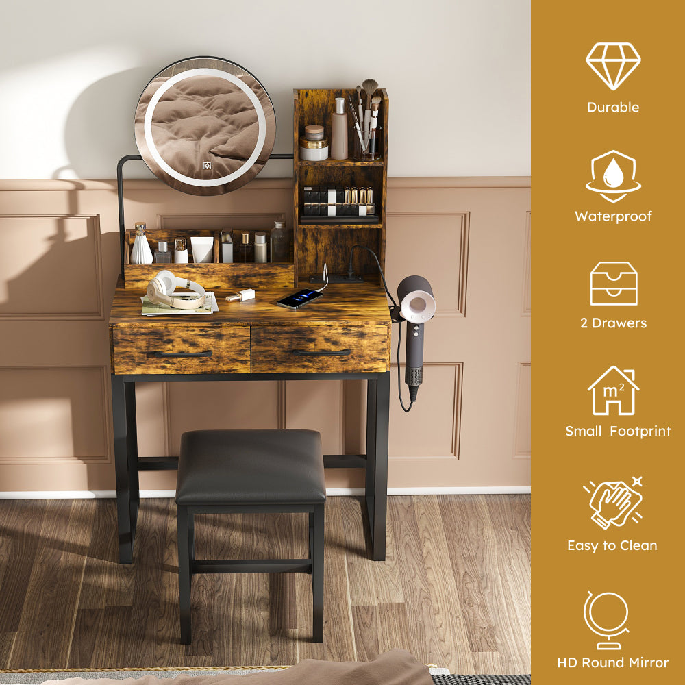 Makeup Vanity with LED Lights&3 Color and Power Outlet Makeup Vanity Table with 2 big Drawers with Sturdy Metal Leg and Metal Chair ,Dressing Table for Bedroom Dressing Room (brown)