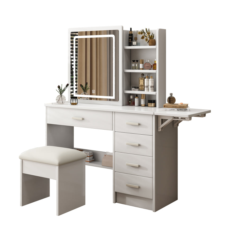 Fashion Vanity Desk with Mirror and Lights for Makeup with open shelves and Chair, Vanity Mirror with Lights and Table Set with 3 Color Lighting Brightness Adjustable, 5 Drawers, White Color