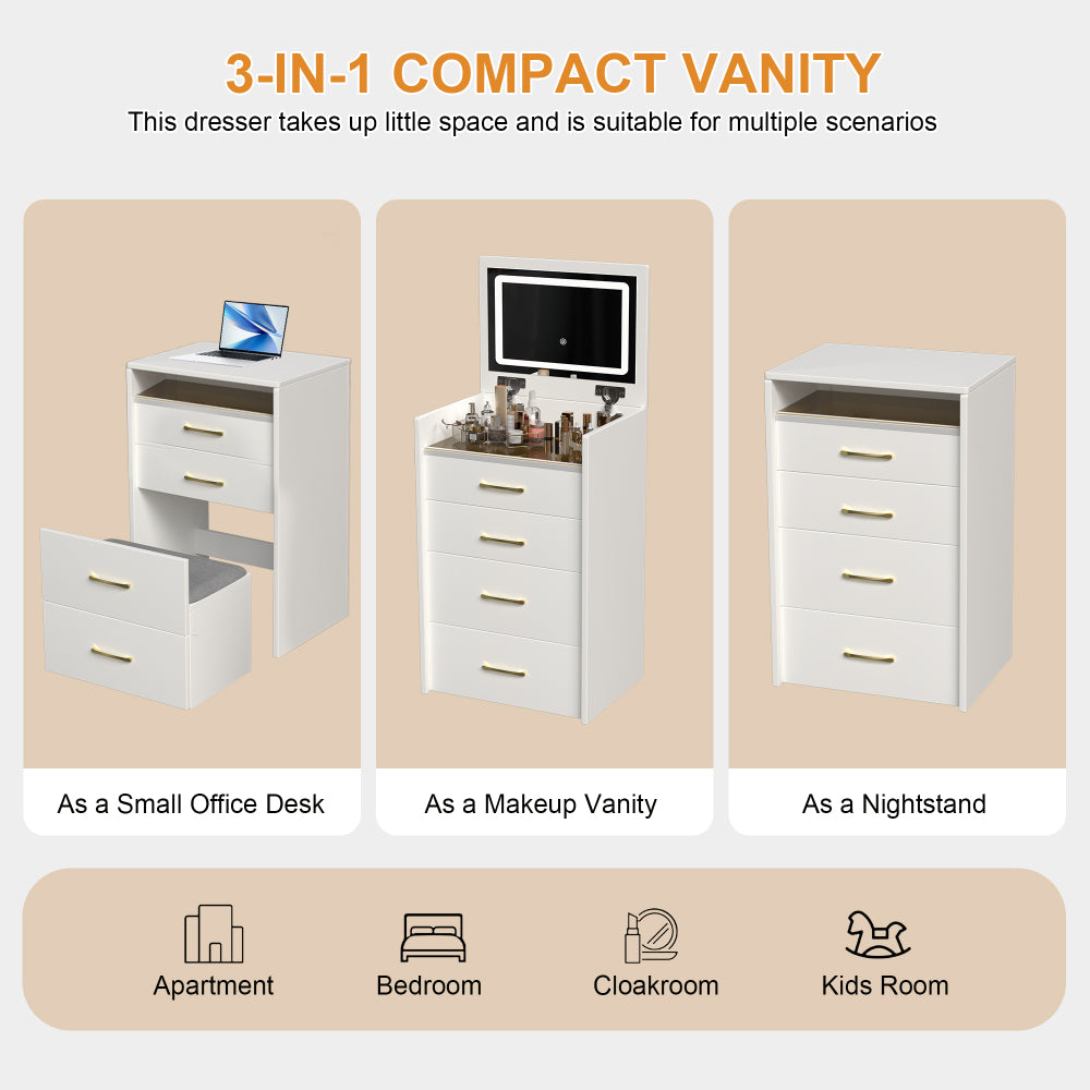 3 in 1 Vanity Desk with open Top Mirror,Small Make Up Vanity Set with Visible Glass Desktop,Compact Makeup Vanity with 3 Drawers,Dressing Table for Bedroom
