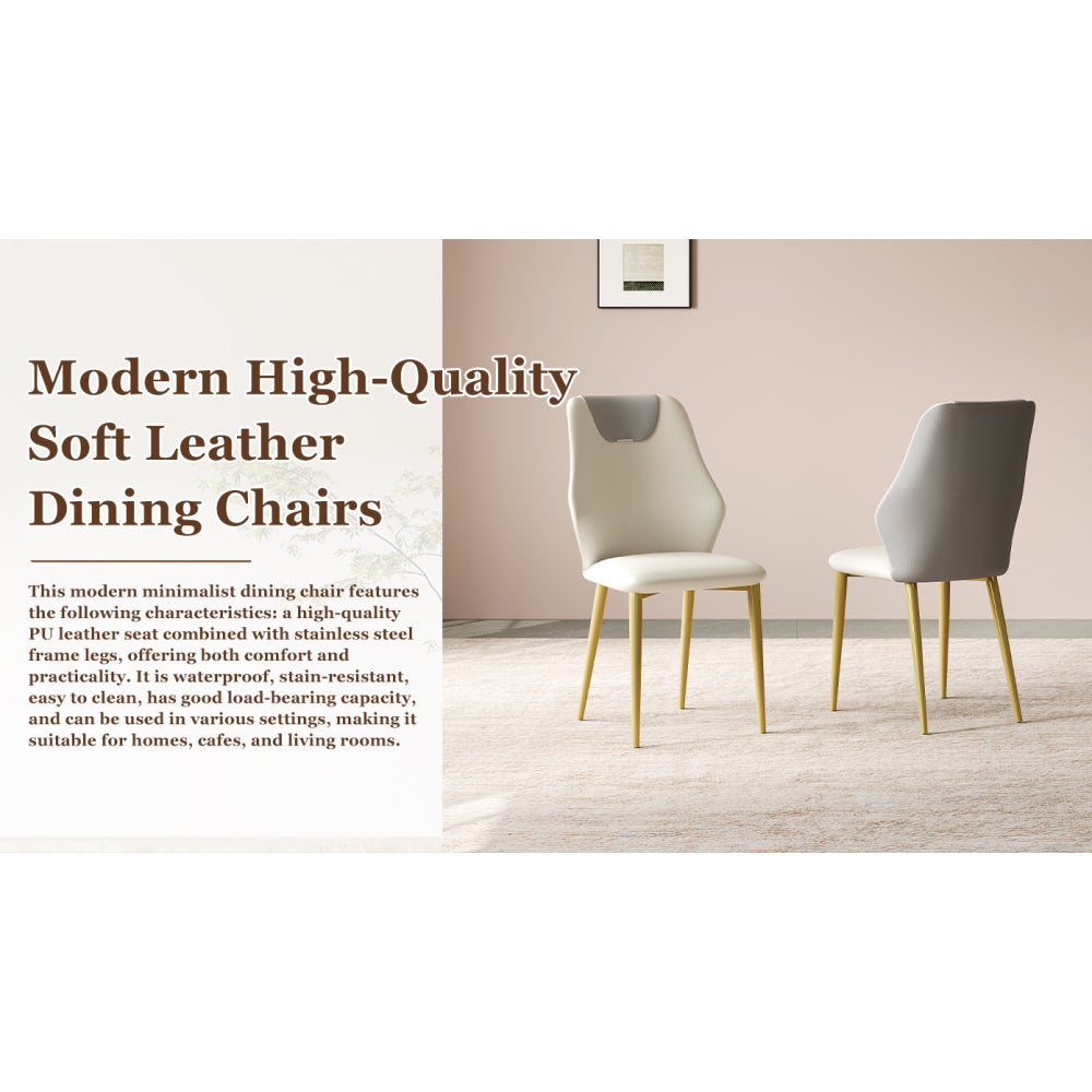 Set of 2 dining chairs, high-quality PU leather seats, with gold-plated painted carbon steel legs and ergonomic backrests, suitable for kitchen, dining room and living room  (miller white + gray)
