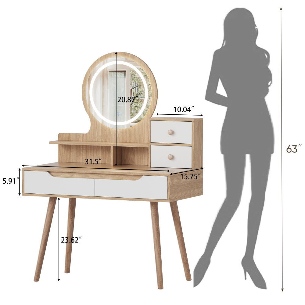 Makeup Vanity Desk with 3 Adjustable Lighted Mirror with solid wood table feet , Dressing Table Set with 4 drawers and 3 open shelves  for Small space Bedroom