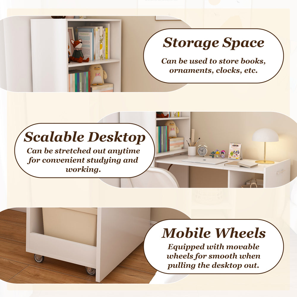 Stretchable desk, office desk with storage shelves and mobile wheels, foldable desk suitable for small apartments and offices, white