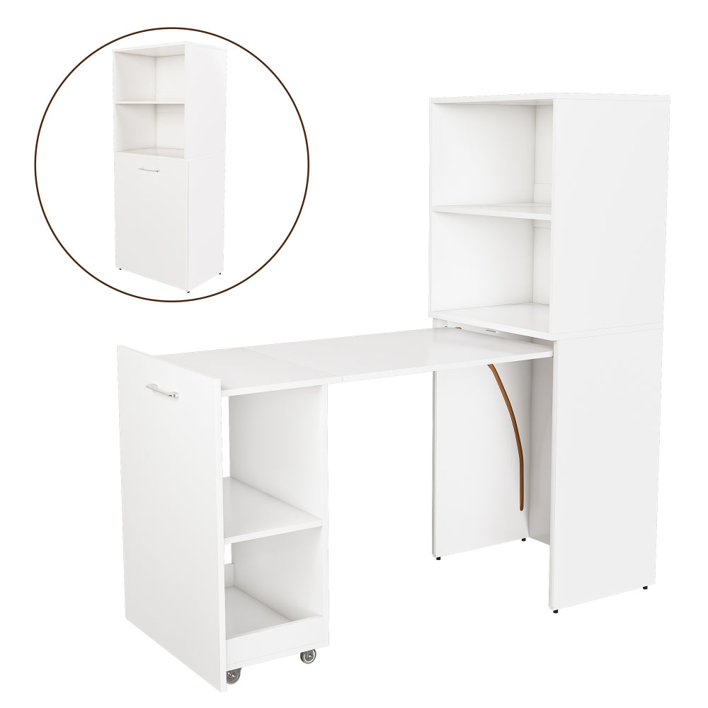 Stretchable desk, office desk with storage shelves and mobile wheels, foldable desk suitable for small apartments and offices, white