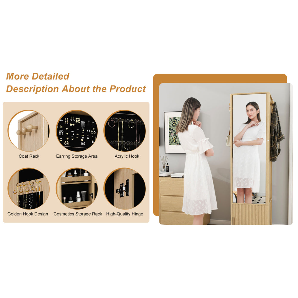 360° rotating makeup cabinet, jewelry cabinet with a full-length mirror, standing storage cabinet with a coat rack, 4 layers of open shelves and 2 layers of built-in shelves, walnut