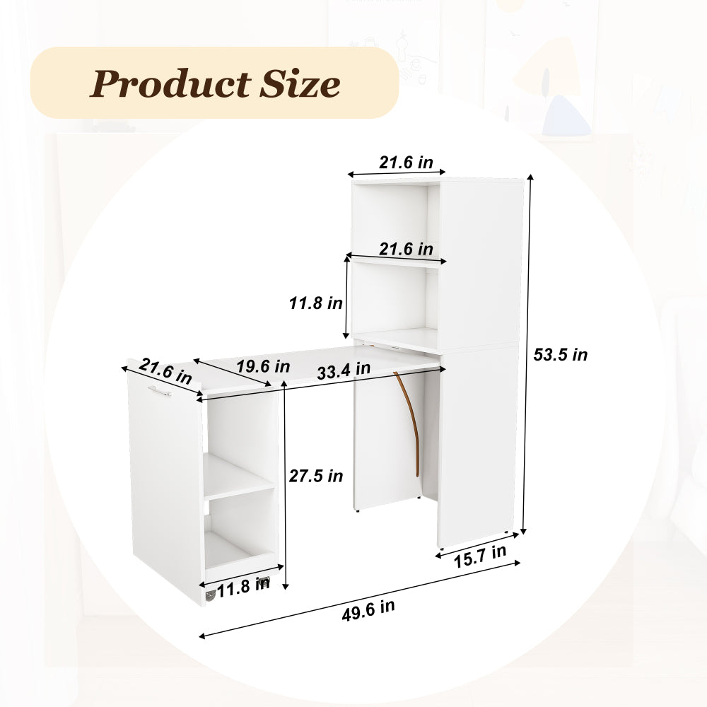 Stretchable desk, office desk with storage shelves and mobile wheels, foldable desk suitable for small apartments and offices, white