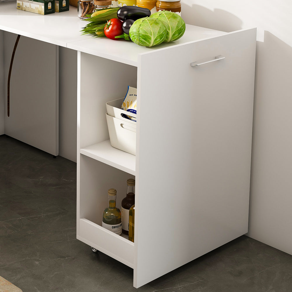 Stretchable desk, office desk with storage shelves and mobile wheels, foldable desk suitable for small apartments and offices, white