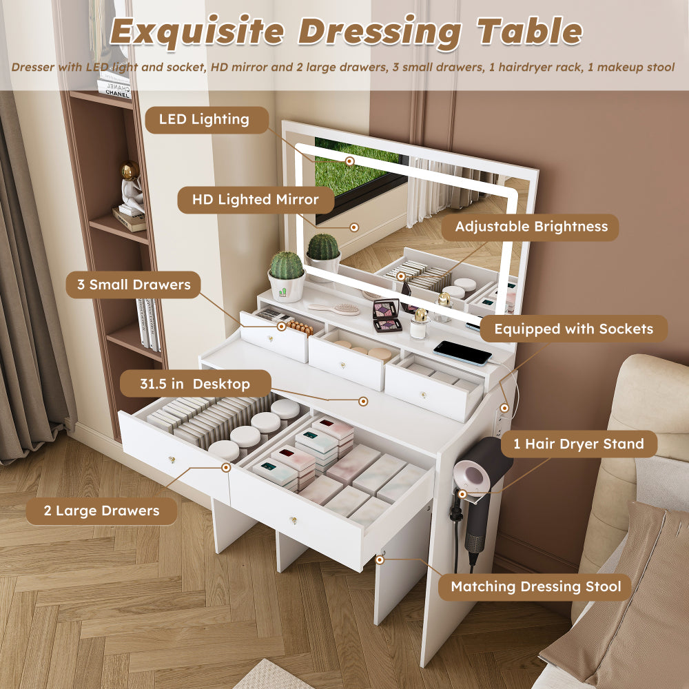 New Large Mirror Vanity Desk for Bed room  , Modern Makeup Vanity Set with Power Outlet and Hair dryer holder, 5 Drawers , 3 Lighting Color Adjustable Dressing Table for Bedroom, White Color
