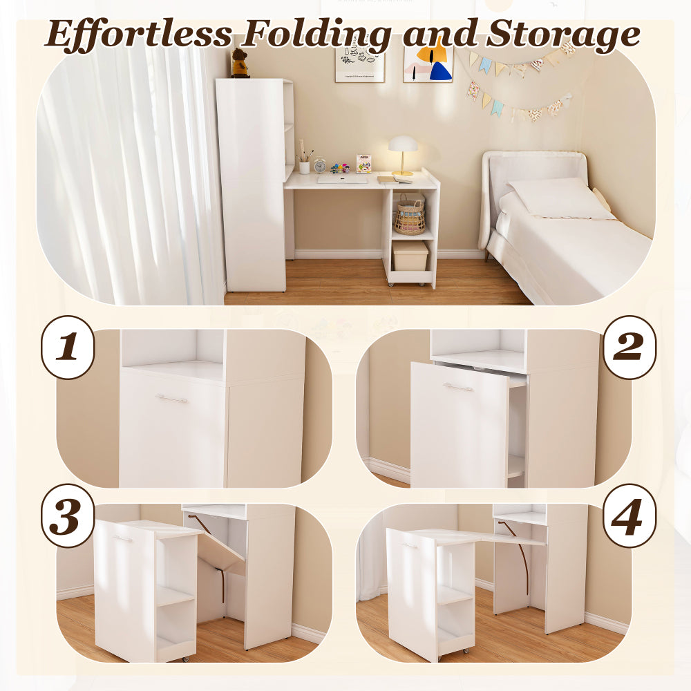 Stretchable desk, office desk with storage shelves and mobile wheels, foldable desk suitable for small apartments and offices, white