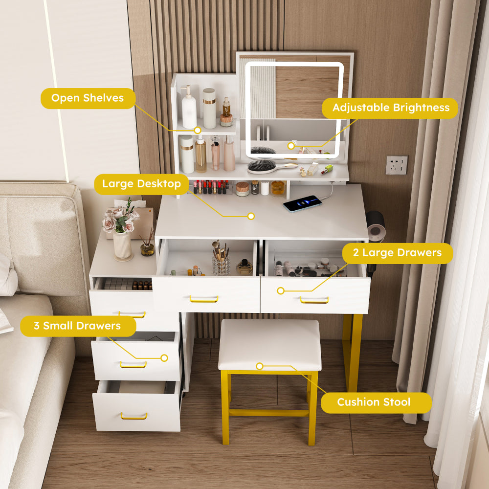 Makeup Vanity with LED Lights&3 Color and Power Outlet Makeup Vanity Table with 5 Drawers with Sturdy Metal Leg and Metal Chair Dressing Table for Bedroom Dressing Room (White)