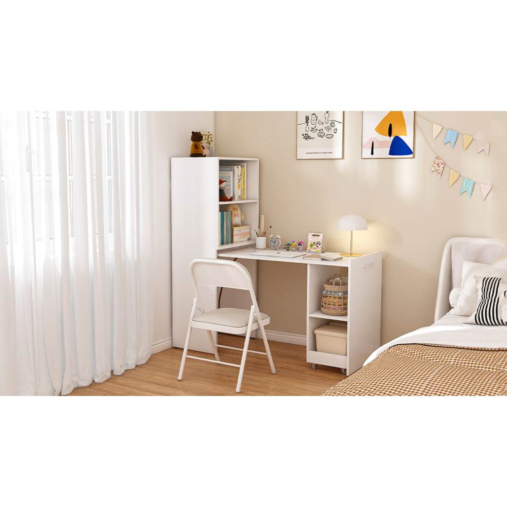 Stretchable desk, office desk with storage shelves and mobile wheels, foldable desk suitable for small apartments and offices, white