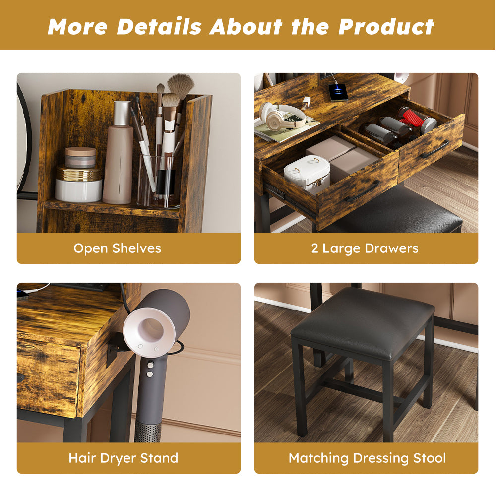 Makeup Vanity with LED Lights&3 Color and Power Outlet Makeup Vanity Table with 2 big Drawers with Sturdy Metal Leg and Metal Chair ,Dressing Table for Bedroom Dressing Room (brown)