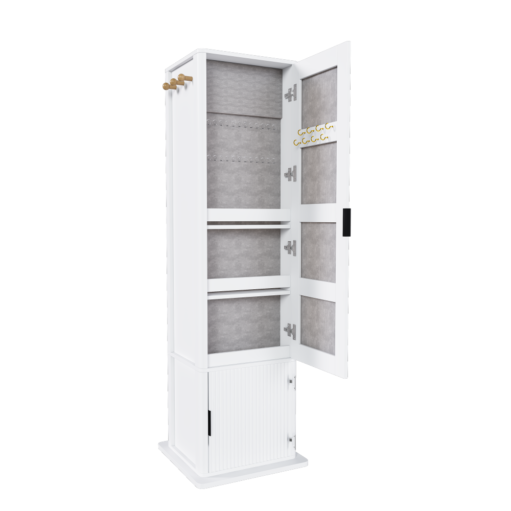 360° rotating makeup cabinet, jewelry cabinet with a full-length mirror, standing storage cabinet with a coat rack, 4 layers of open shelves and 2 layers of built-in shelves, white