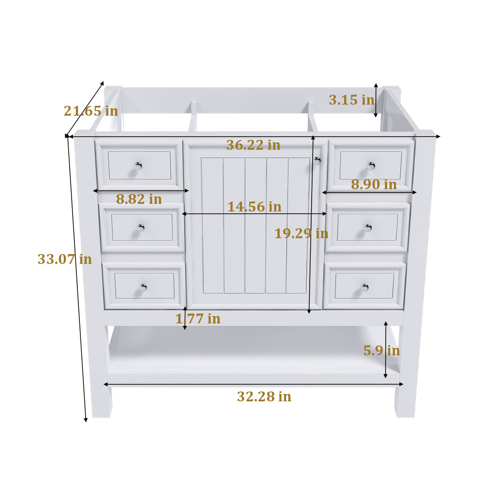 36-inch bathroom vanity, without sink, featuring one cabinet and three drawers, made of solid wood frame and MDF board, in white