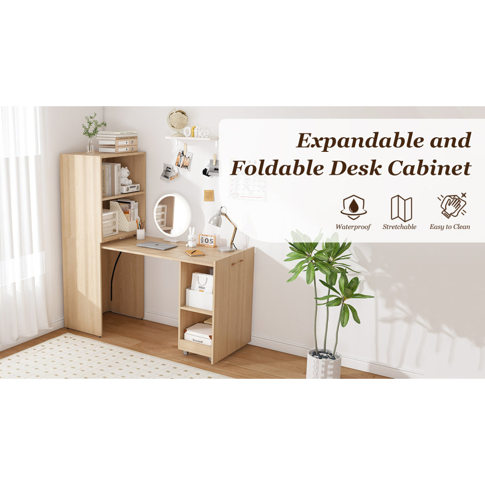 Stretchable desk, office desk with storage shelves and mobile wheels, foldable desk suitable for small apartments and offices,burlywood