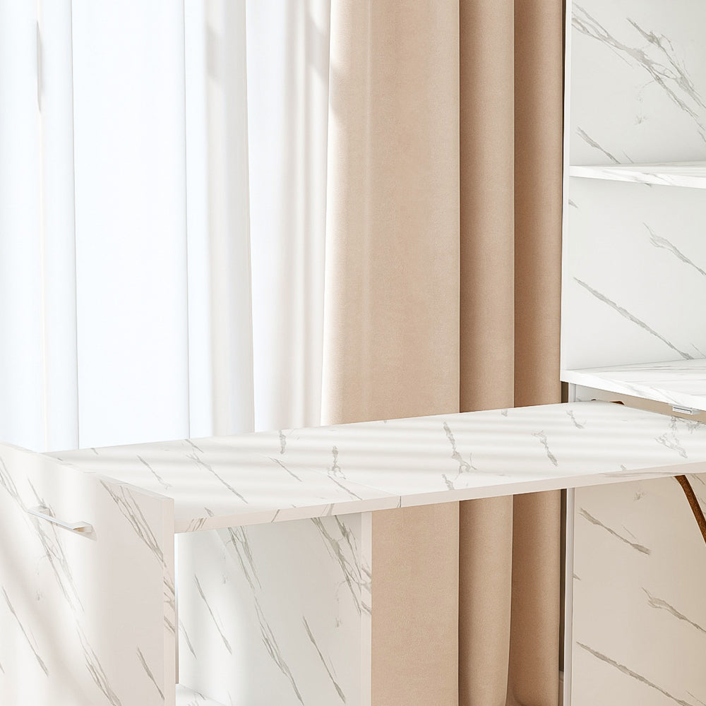 Stretchable desk, office desk with storage shelves and mobile wheels, foldable desk suitable for small apartments and offices, white marble