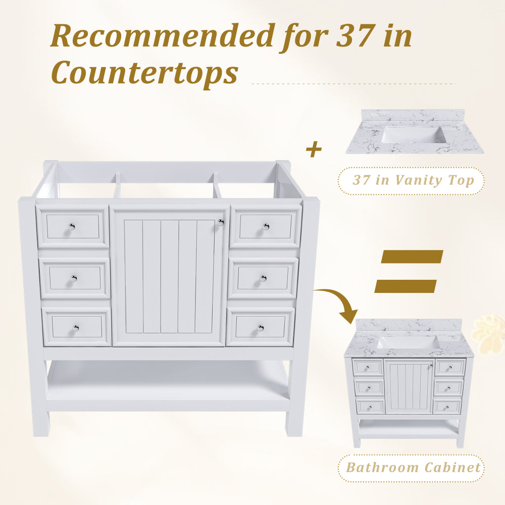 36-inch bathroom vanity, without sink, featuring one cabinet and three drawers, made of solid wood frame and MDF board, in white