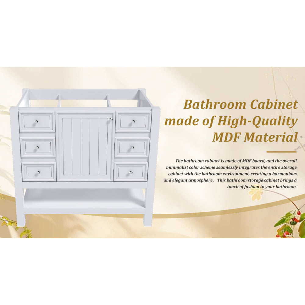 36-inch bathroom vanity, without sink, featuring one cabinet and three drawers, made of solid wood frame and MDF board, in white